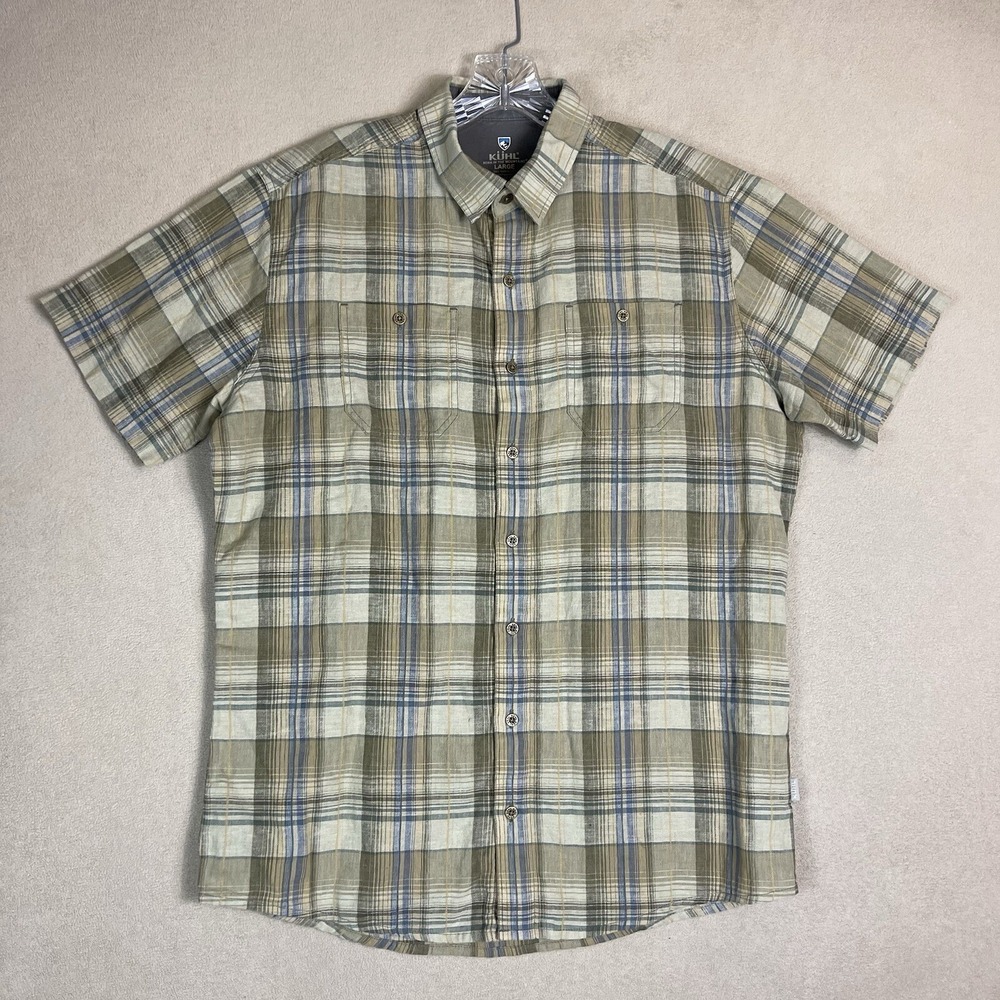 KUHL Linen Shirt Mens Large Tall Tapered Fit Green Plaid Button-Down EUC
